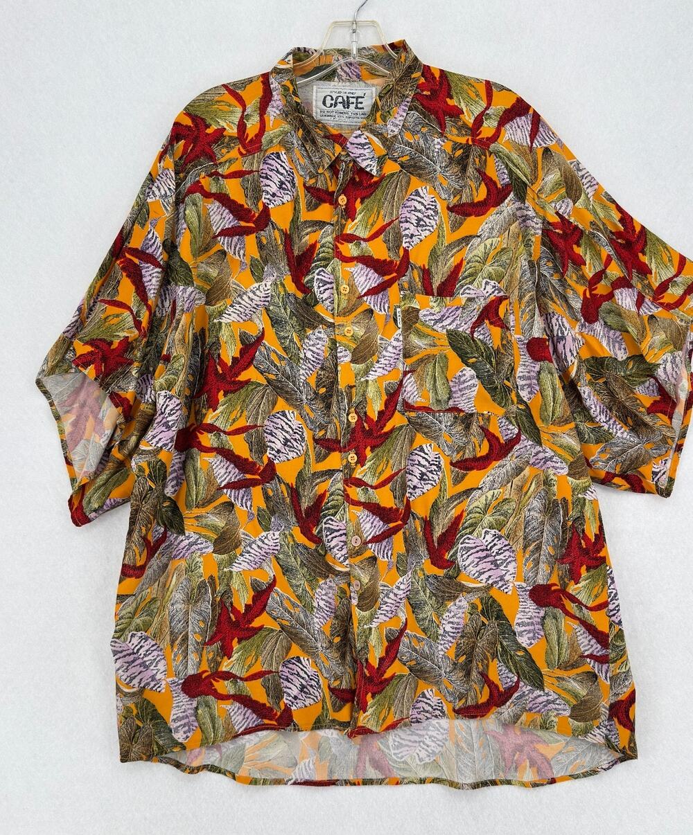 Vintage CAFE Mens Orange Tropical Leaf Short Sleeve Button Down Camp Shirt
